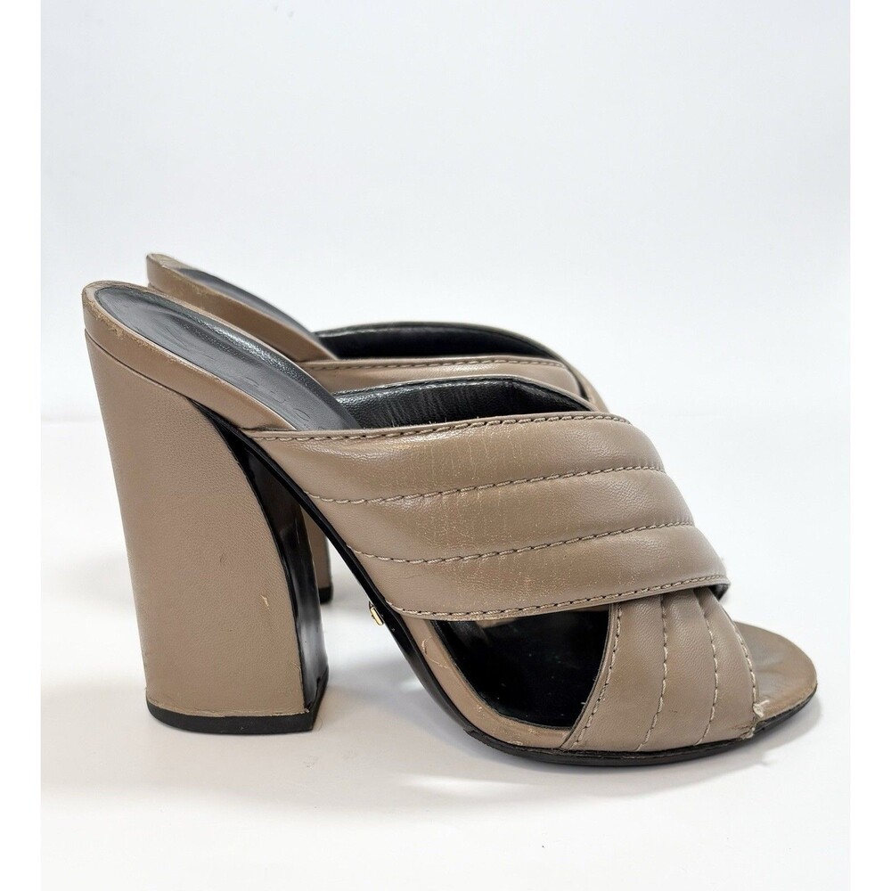 Gucci Block Heels Brown Quilted Leather Open Toe Slides Kid Mules Sz EU 35 5